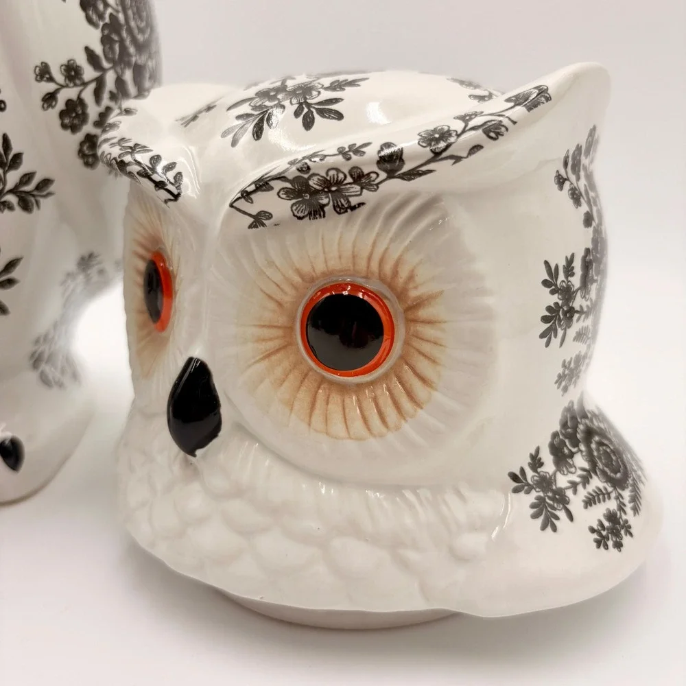 Spooky Street Owl Cookie Jar White Black Floral Toile Ceramic 78oz Halloween New